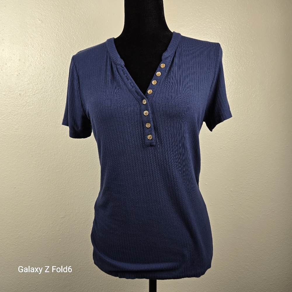 Market & Spruce Blue Ribbed Henley‎ Button Front Tee Shirt Top Women’s L